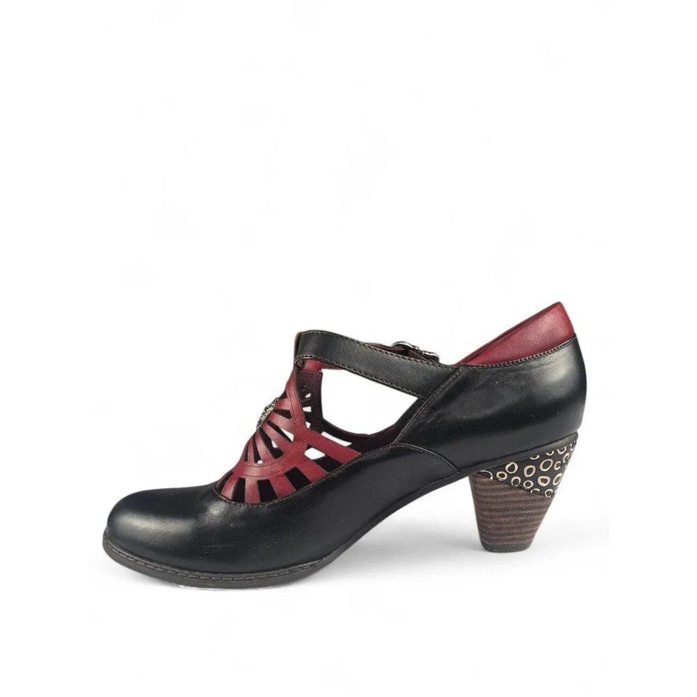 L'Artiste Spring‎ Step April Leather T-Strap Cutout Pumps Heels Size 42 ☆